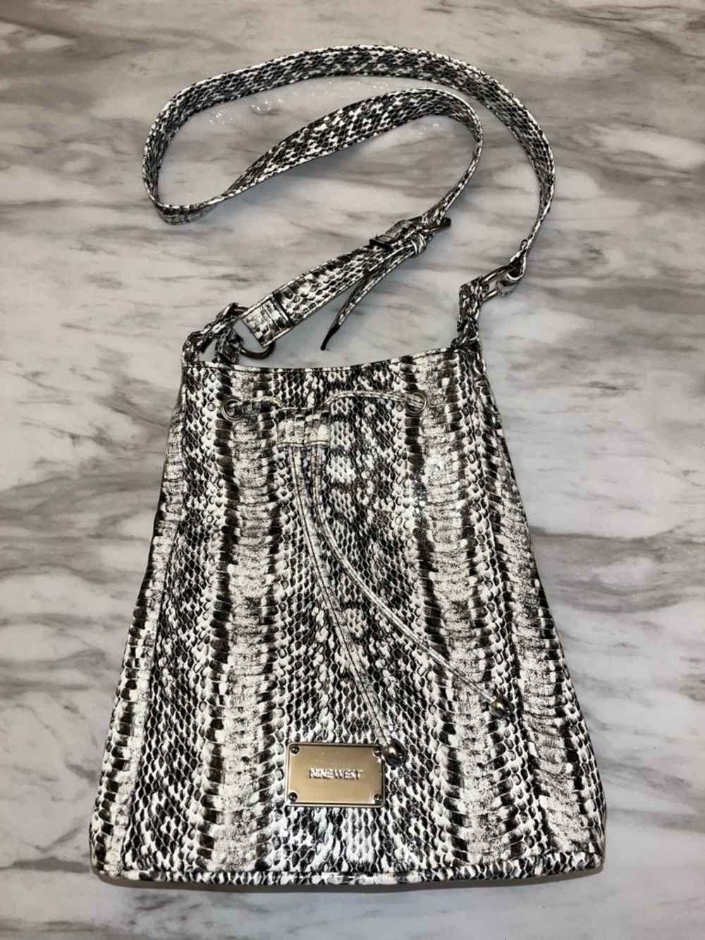 Nine West Black and White Snake-Print Crossbody Bucket Bag